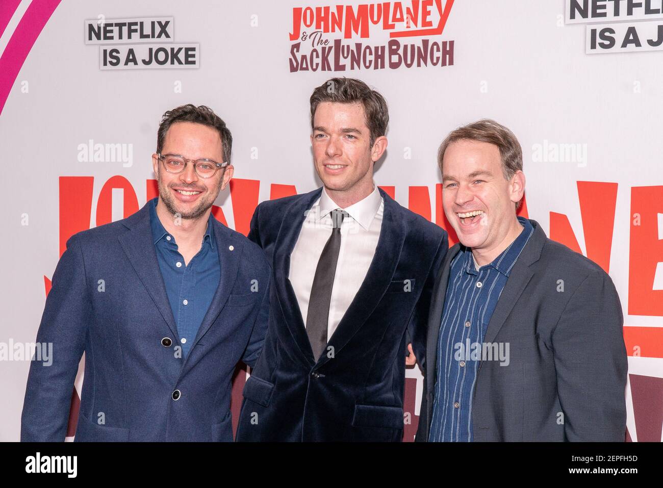 Nick Kroll, John Mulaney and Mike Birbiglia attend the red carpet at the  Netflix premiere of John Mulaney And The Sack Lunch Bunch at Metrograph in  New York, NY on December16, 2019. (
