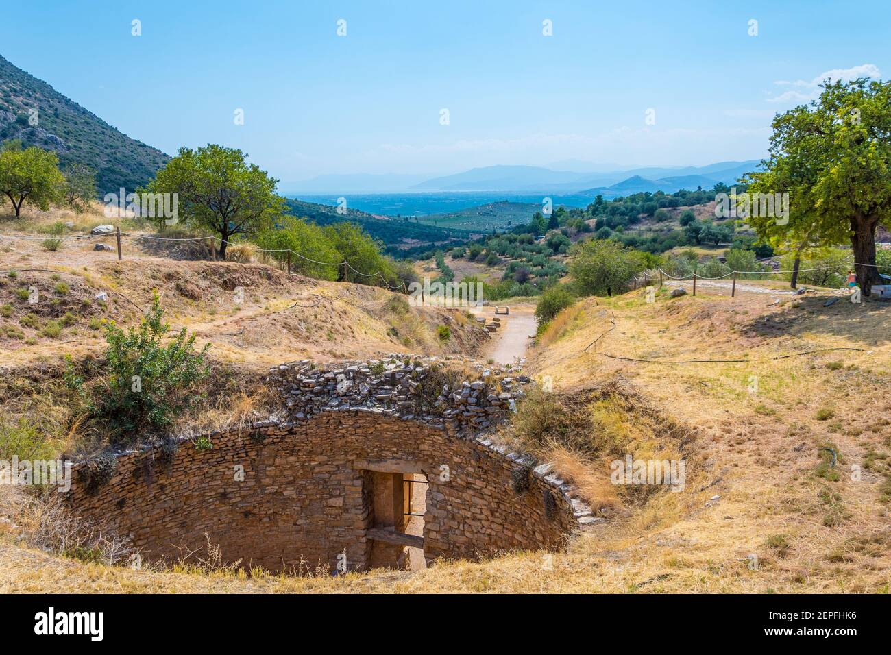 The upper part of the Tomb of Aegisthus or Aigistos of the citadel of Mycenae that has fallen. Archaeological site of Mycenae in Peloponnese, Greece Stock Photo