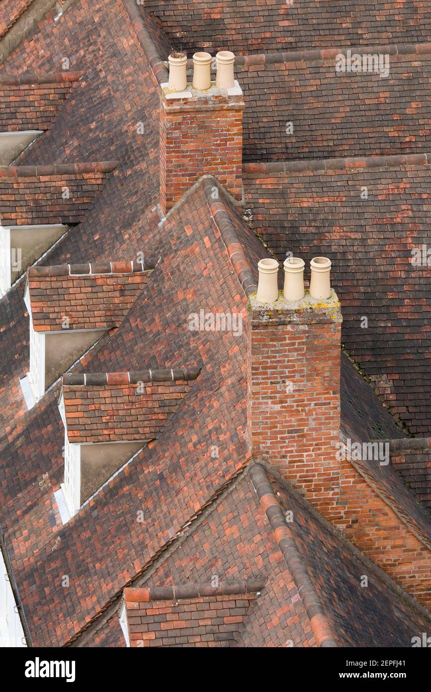 Roof of a row of old terraced houses in Warwick, UK, viewed from above Stock Photo