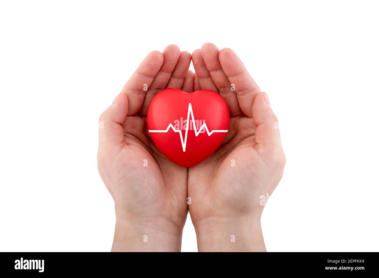 Red heart with pulse in hands isolated on white background with clipping path Stock Photo