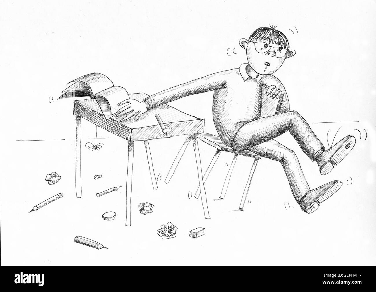 Hyperactive boy in class. Illustration. Stock Photo