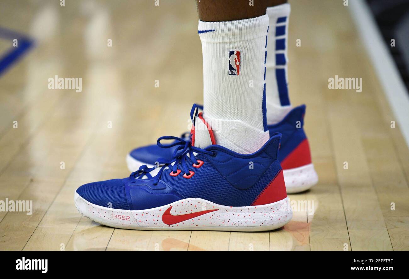 Dec 17, 2019; Los Angeles, CA, USA; Detailed view of the Nike shoes of LA  Clippers forward Paul George (13) in the third quarter against the Phoenix  Suns at Staples Center.The Clippers