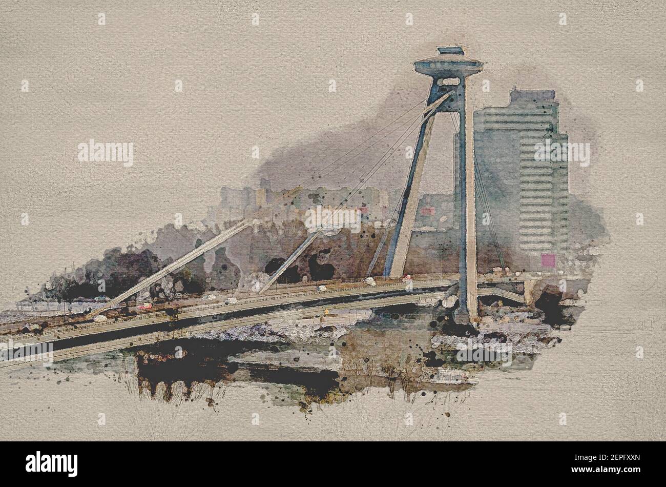watercolor of the Danube crossed by the new bridge of Bratislava a day of fog snow and intense cold Stock Photo