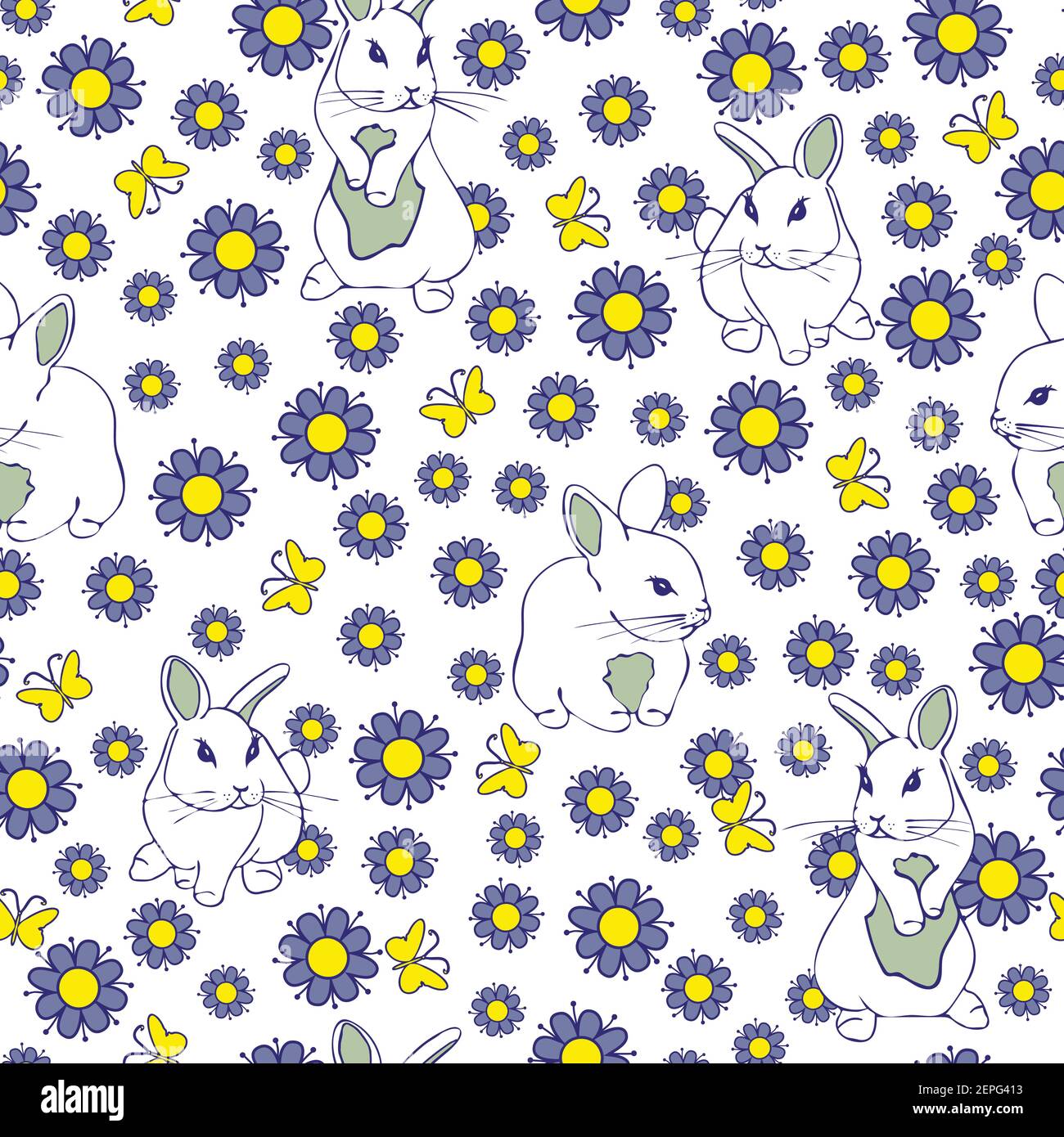 Seamless vector pattern with bunnies and flowers on white background ...