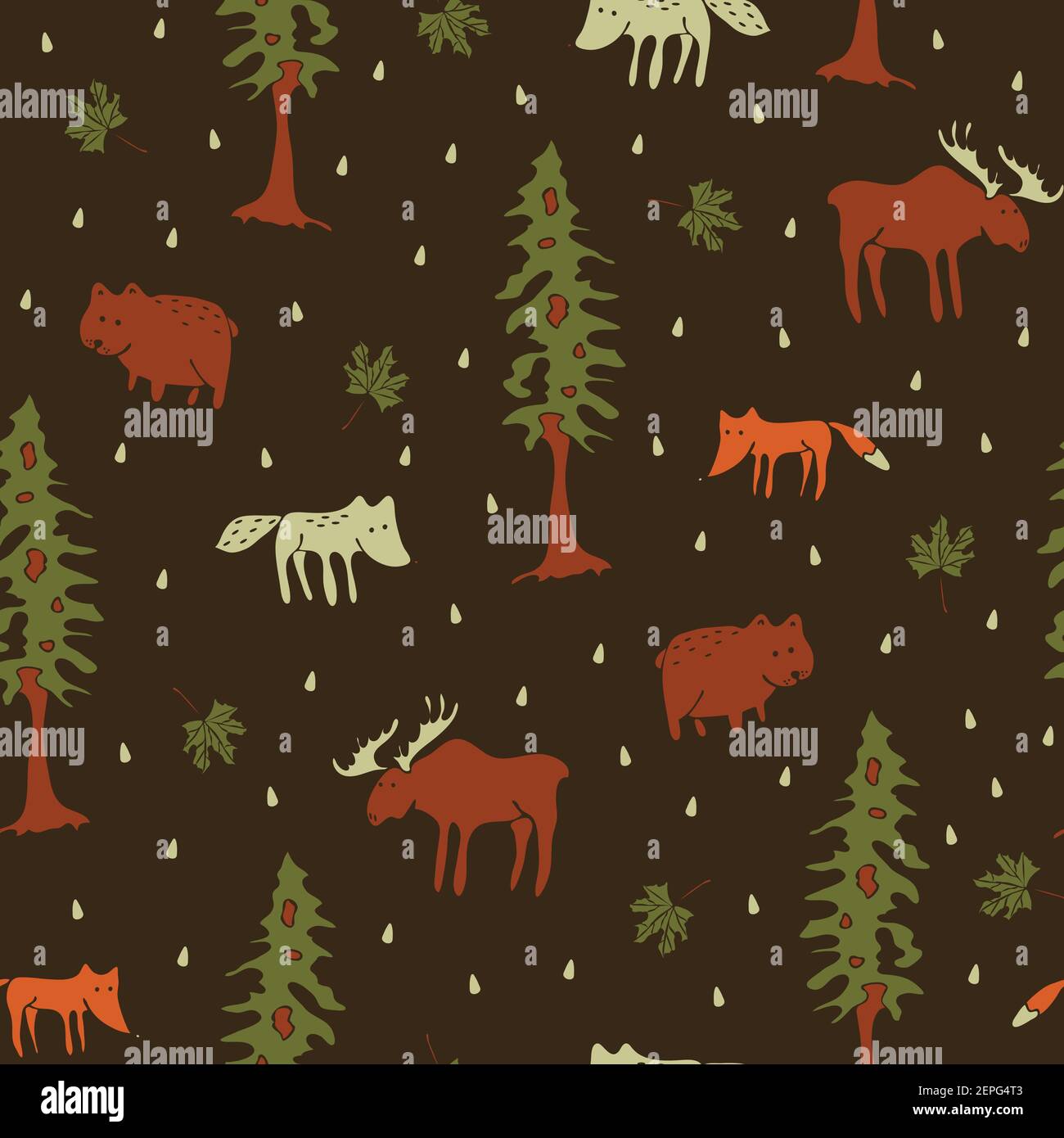 Seamless vector pattern with forest animals on brown background. Cute hand drawn wildlife wallpaper design. Fox, wolf, bear fashion textile. Stock Vector