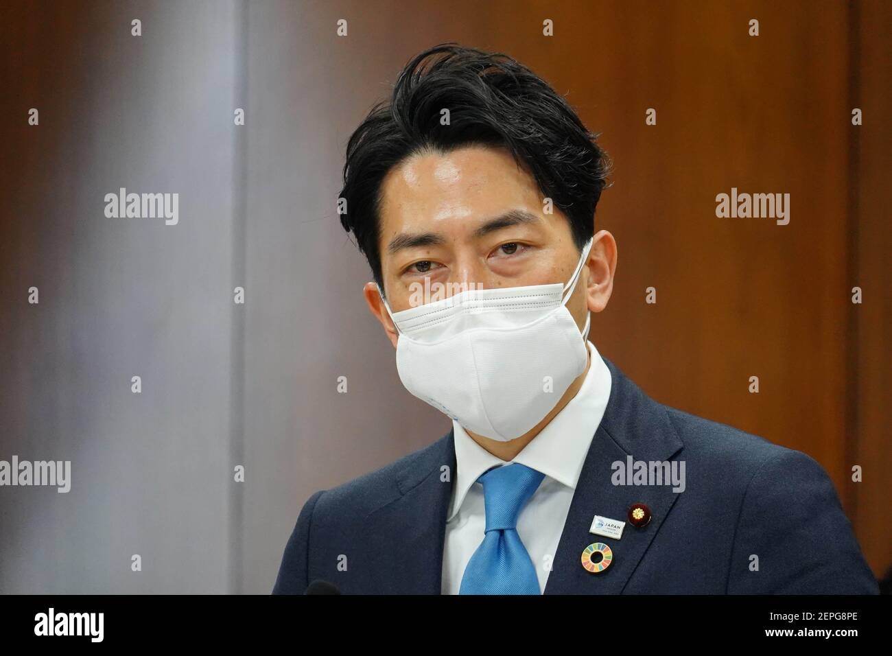 Environment Minister Shinjiro Koizumi wearing a mask speaks during a discussion session in the lower house. Japan will end the coronavirus emergency excluding Tokyo area at the end of February. Stock Photo