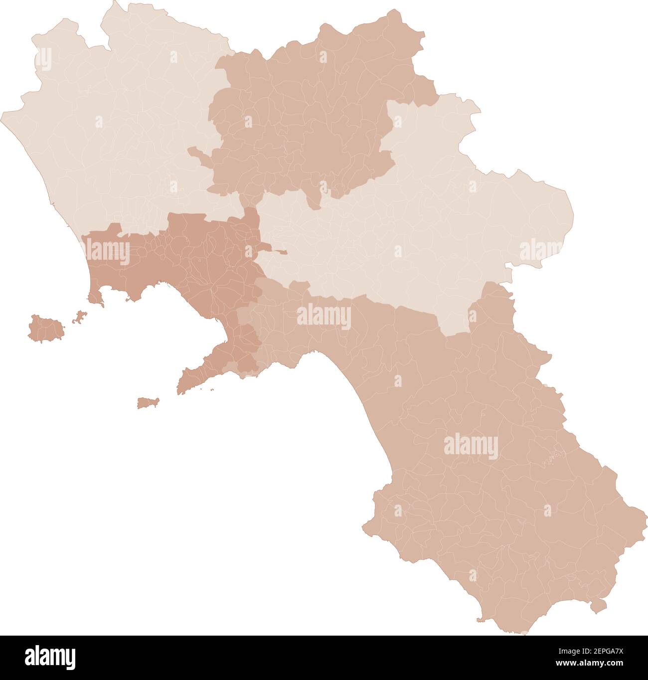 Campania map, division by provinces and municipalities. Closed and perfectly editable polygons, polygon fill and color paths editable at will. Levels. Stock Vector