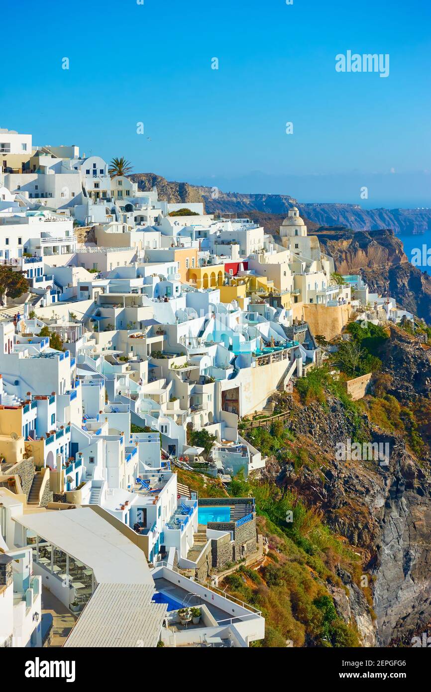 Beautiful panoramic view of Fira town on the rocky coast of Santorini Island in Greece. Greek landscape Stock Photo
