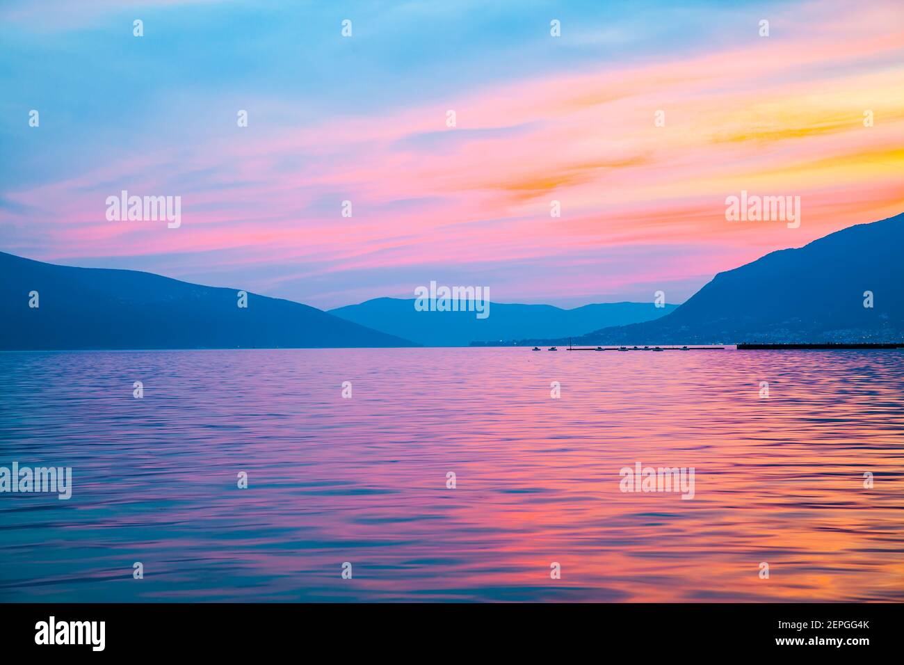 Landscape with The Bay of Kotor of the Adriatic Sea in Montenegro at dusk Stock Photo