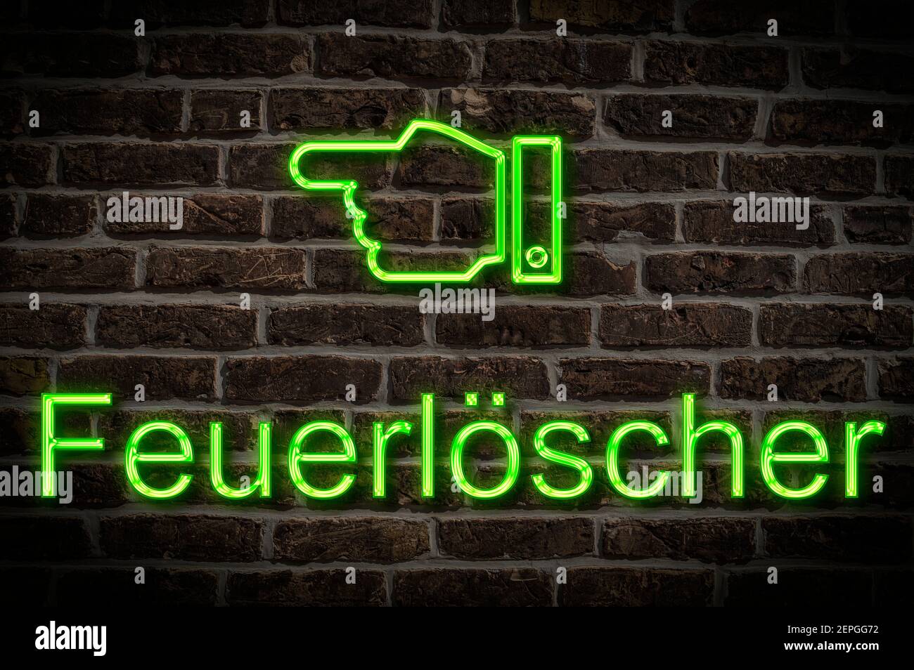 Detail photo of a a neon sign on a wall with the inscription Feuerlöscher (Fire extinguisher) Stock Photo