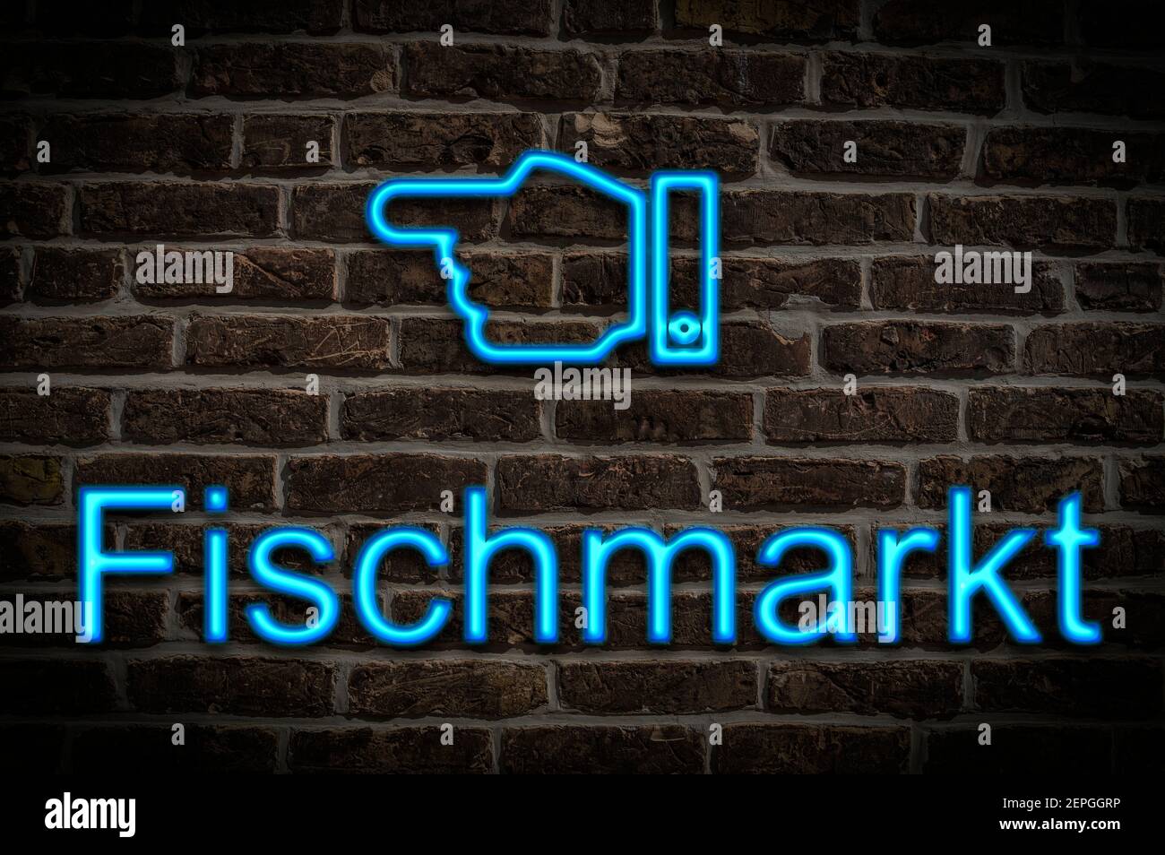 Detail photo of a a neon sign on a wall with the inscription Fischmarkt (Fish market) Stock Photo