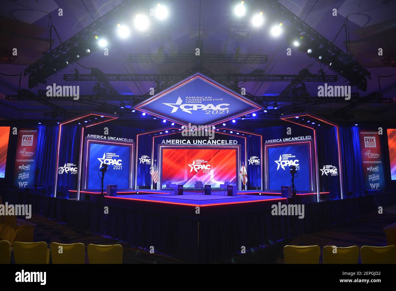 The stage is set for day 2 at the Conservative Political Action Conference (CPAC) 2021 hosted by the American Conservative Union at the Hyatt Regency Orlando in Orlando, Florida on Saturday, February 27,2021.     Photo by Joe Marino/UPI Stock Photo
