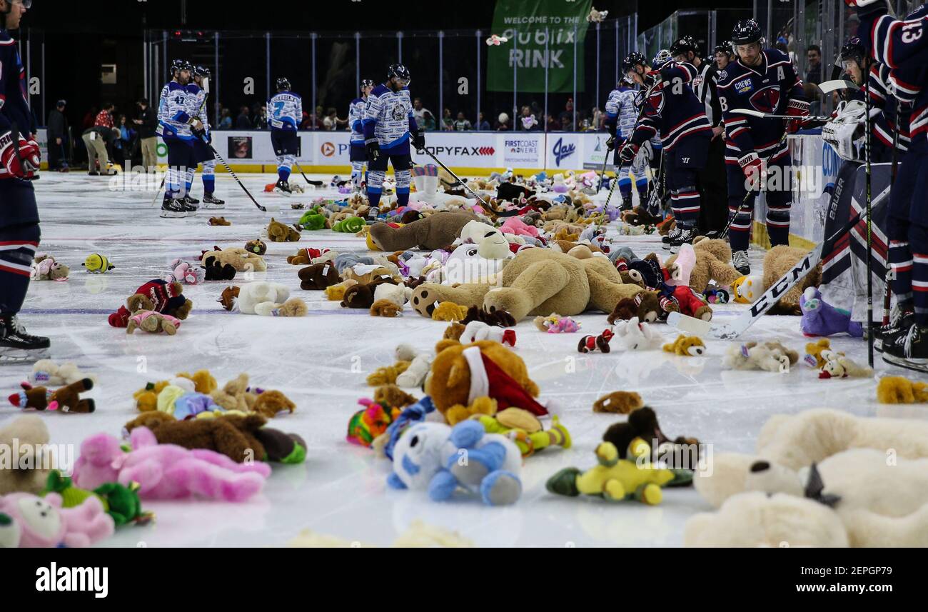 Jacksonville Icemen had 11,371 stuffed animals donated to the Children's  Christmas Party of Jacksonville in their annual Teddy Bear Toss during the  first period of an ECHL hockey game against the South