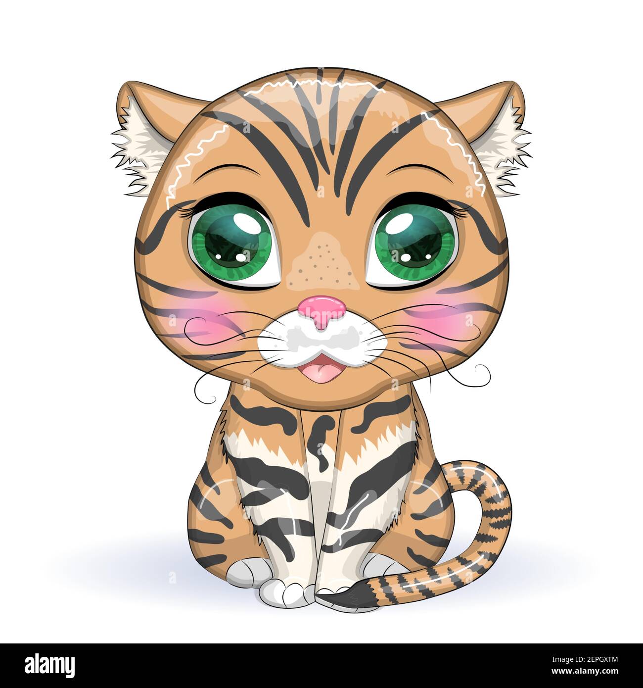 Black footed cat with beautiful eyes in cartoon style, colorful illustration for children. Felis nigripes cat with characteristic spots and colors Stock Vector
