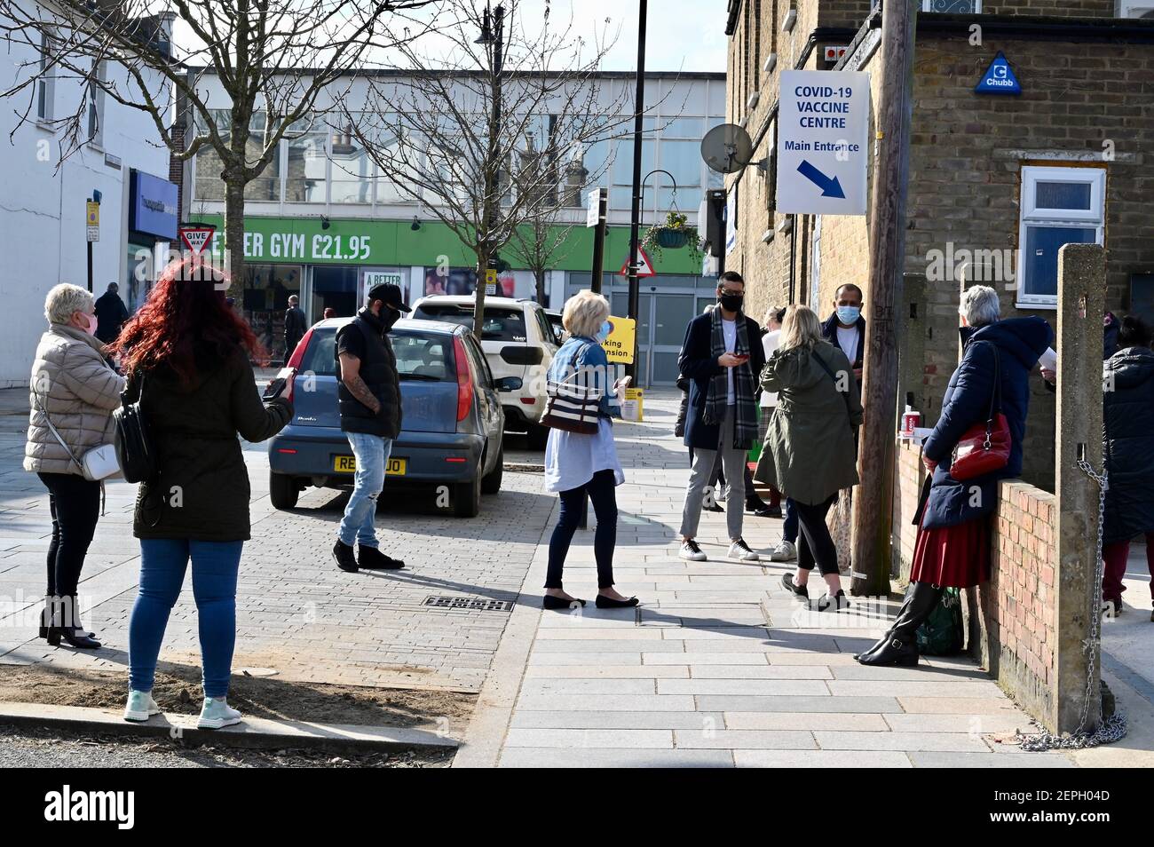 Sidcup, Kent. UK. 27th Feb 2021. COVID19 Vaccine Centre, A queue of