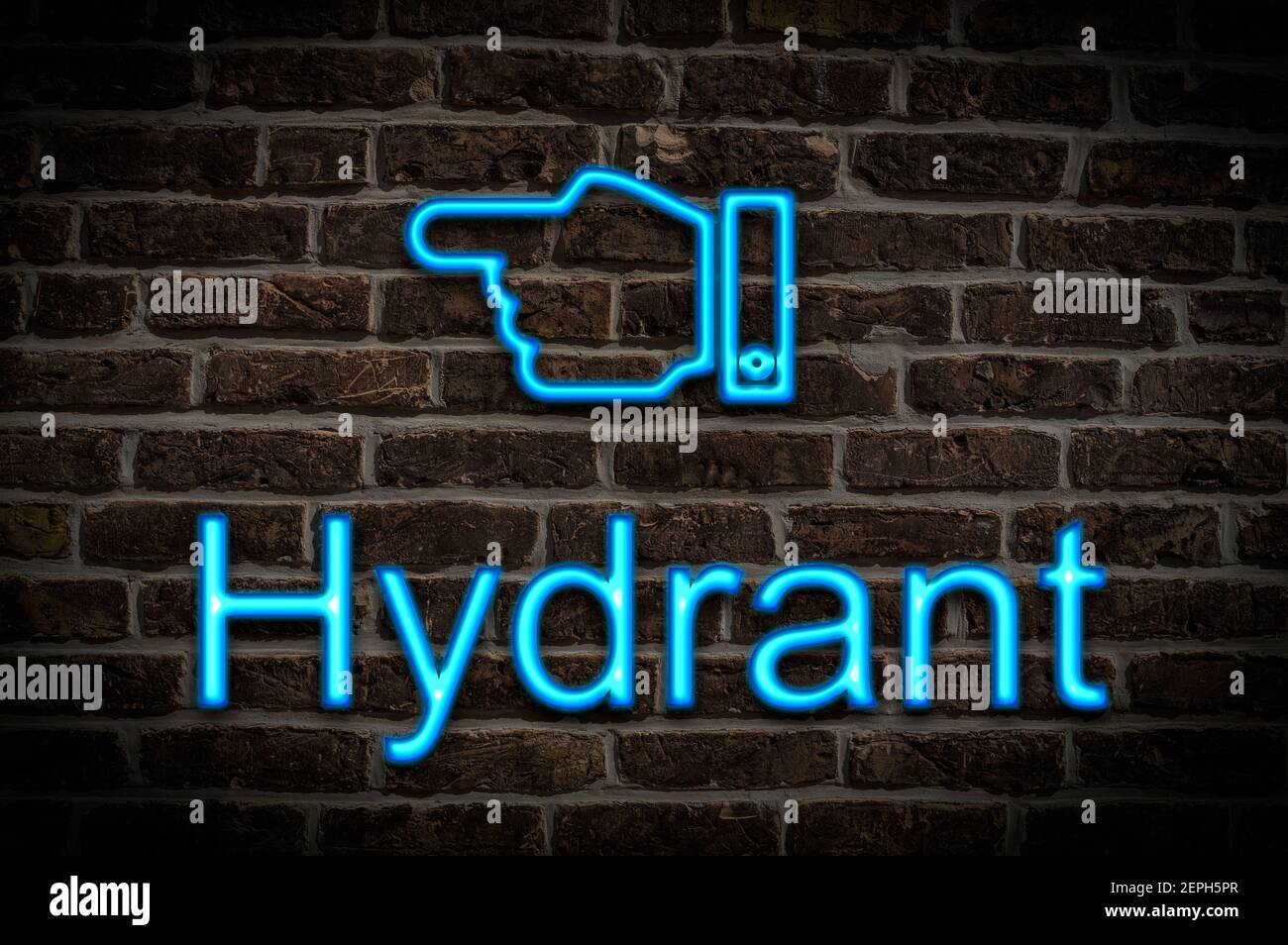 Detail photo of a a neon sign on a wall with the inscription Hydrant (Fire hydrant) Stock Photo