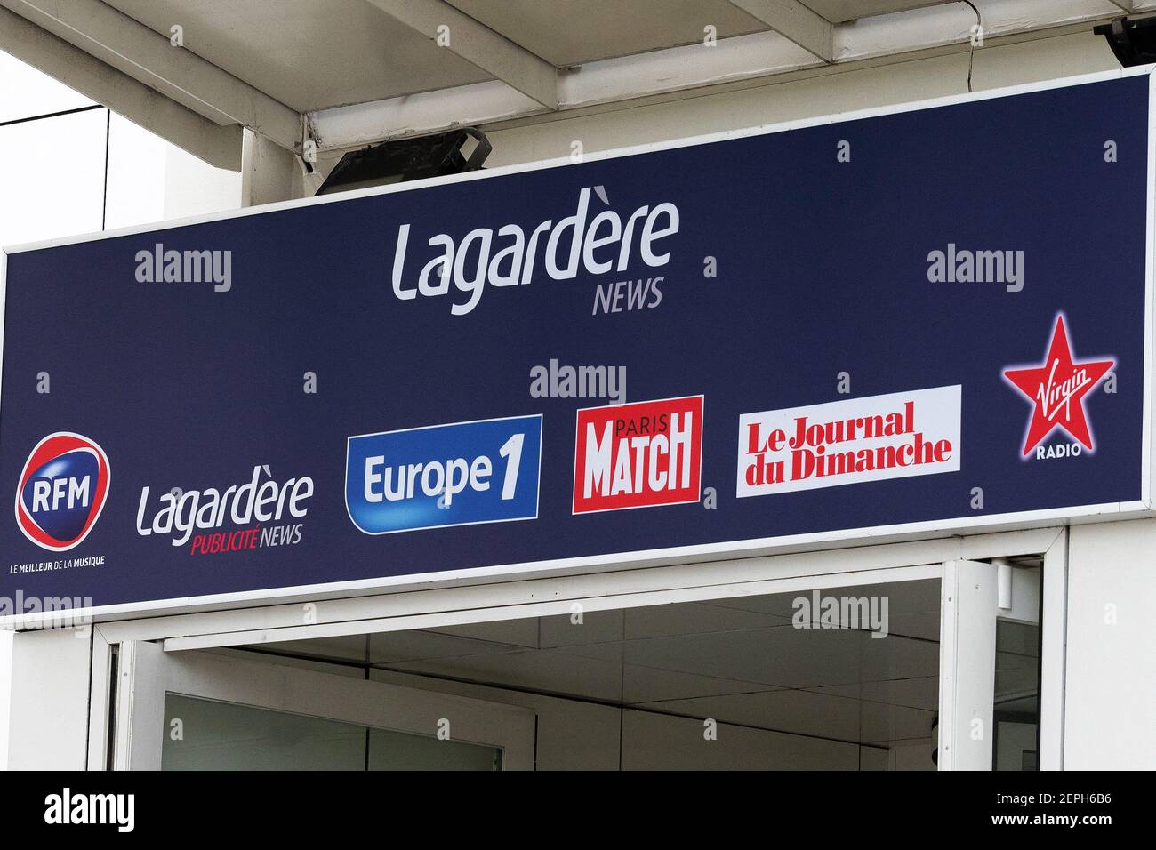 A general view of signs Lagardere News ( RFM, Lagardere publicite news,  EUROPE 1, Paris Match, Le