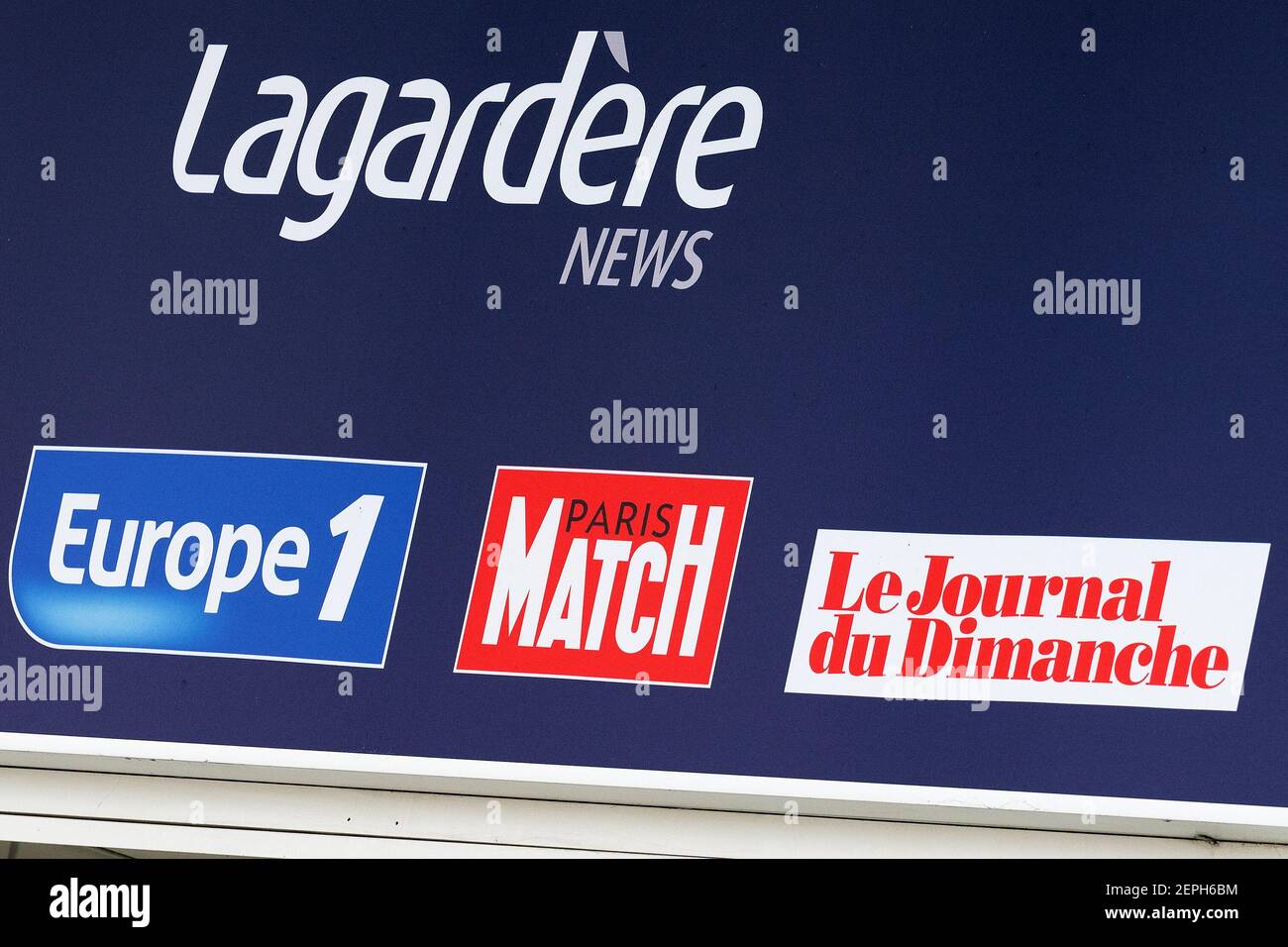 A general view of signs Lagardere News ( EUROPE 1, Paris Match, Le Journal  du Dimanche, Virgin Radio), on February 26, 2020 in Paris, France. Photo by  David Niviere/ABACAPRESS.COM Stock Photo - Alamy