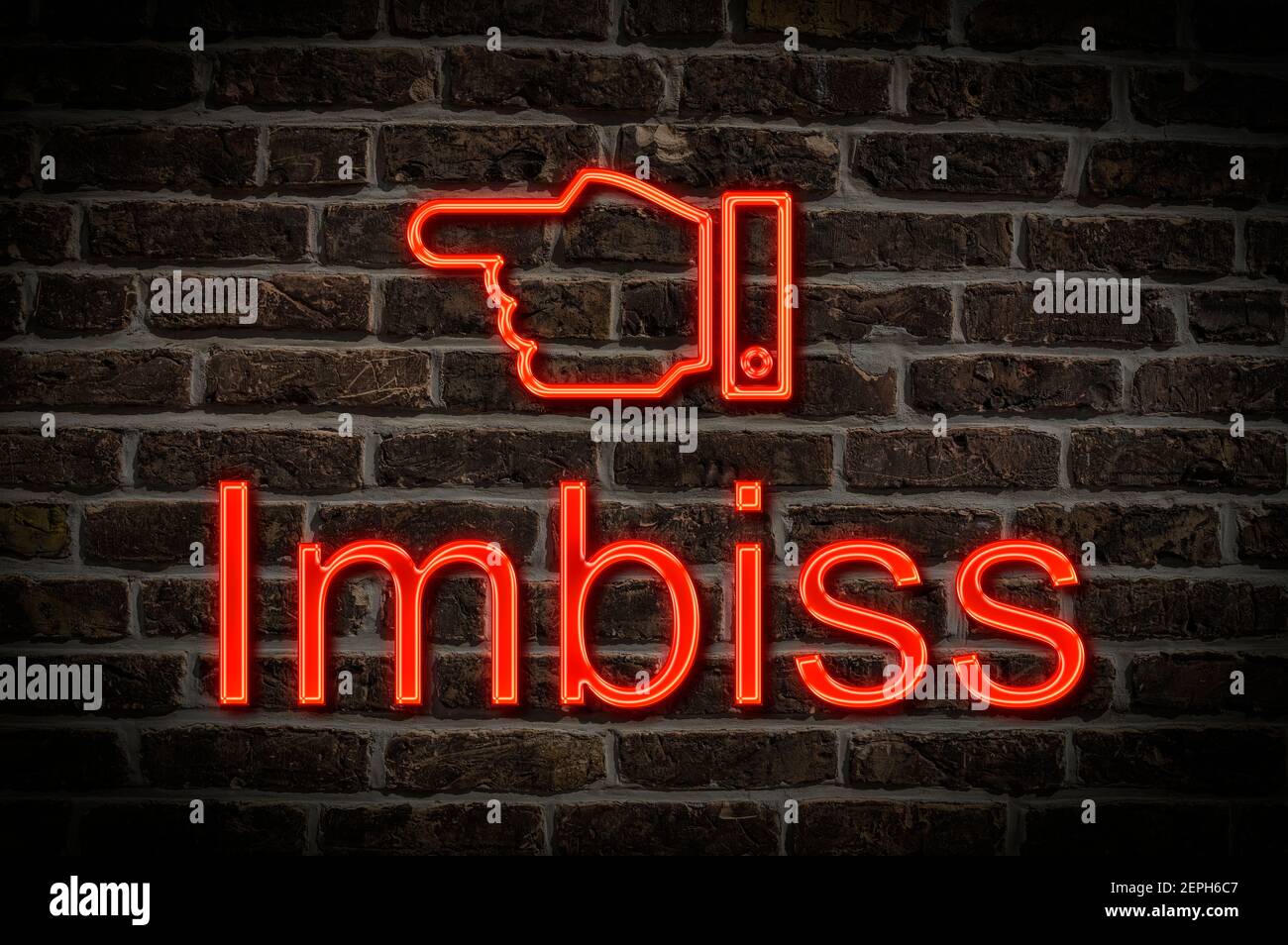 Detail photo of a a neon sign on a wall with the inscription Imbiss (Snack bar) Stock Photo