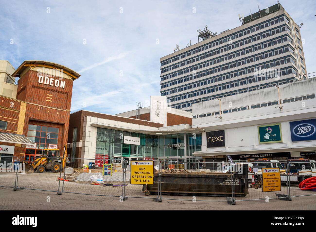 The Victoria shopping centre in Southend on Sea, Essex, in Victoria Circus at the top of the town's High Street. With work in progress on precinct Stock Photo