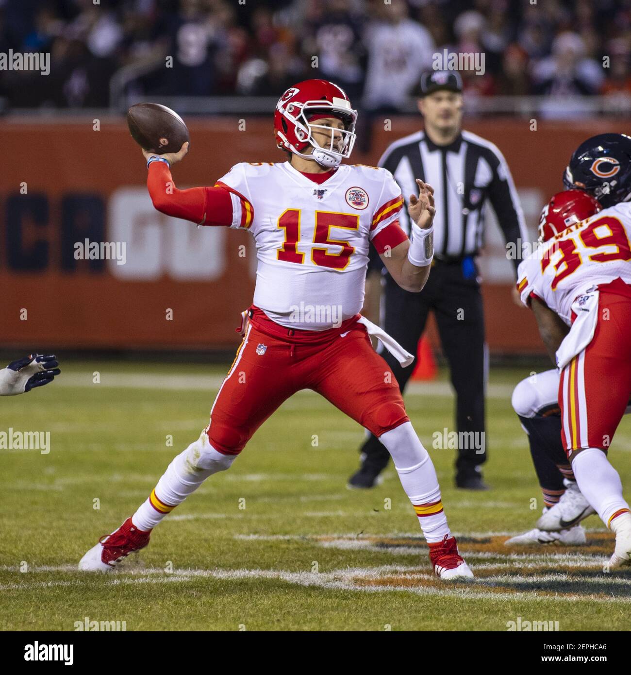 December 22, 2019: Chicago, Illinois, U.S. - Chiefs #15 Patrick Mahomes in  action during the NFL Game between the Kansas City Chiefs and Chicago Bears  at Soldier Field in Chicago, IL. Photographer:
