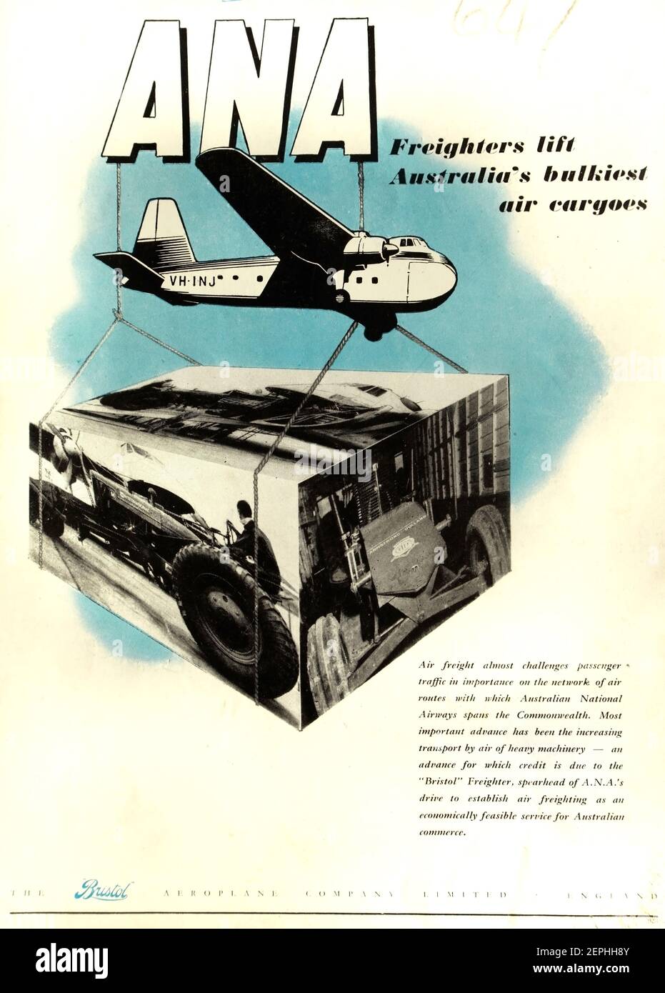Vintage 1950 advertisement for ANA (Australian National Airways) air freight featuring the Bristol Freighter aircraft. Stock Photo