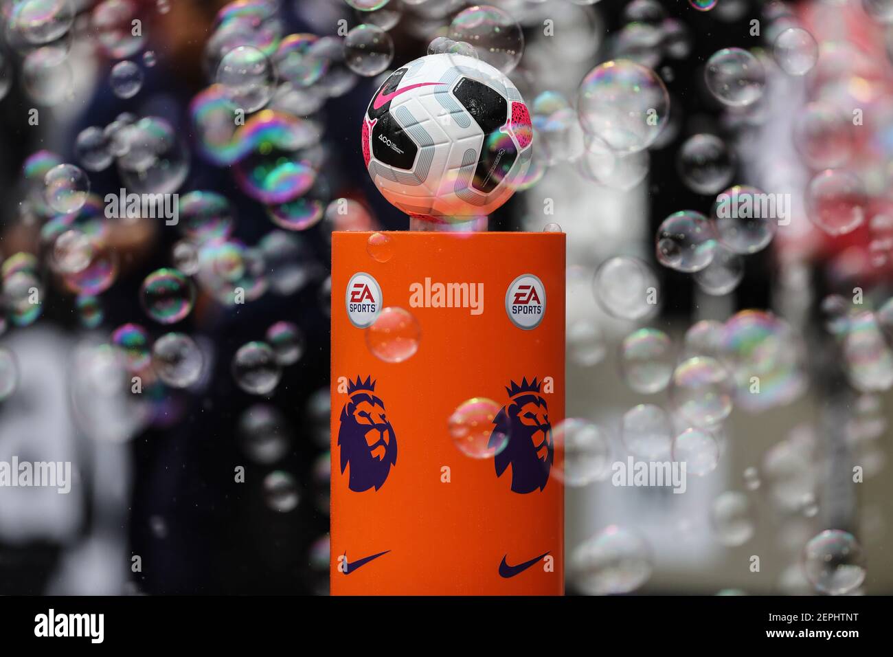 Nike Merlin Official Premier League match ball is seen surrounded by  bubbles before the Premier League match between West Ham United and  Manchester United at London Stadium. (Final Score: West Ham United