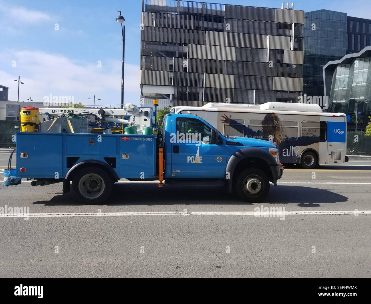 Side view of Pacific Gas And Electric (PGE) utility truck in the ...