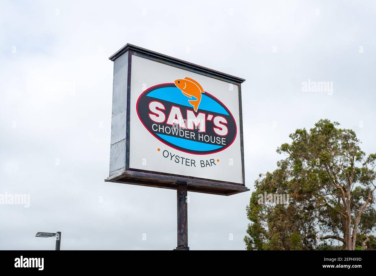 Sign for Sam's Chowder House, an iconic seaside seafood cuisine