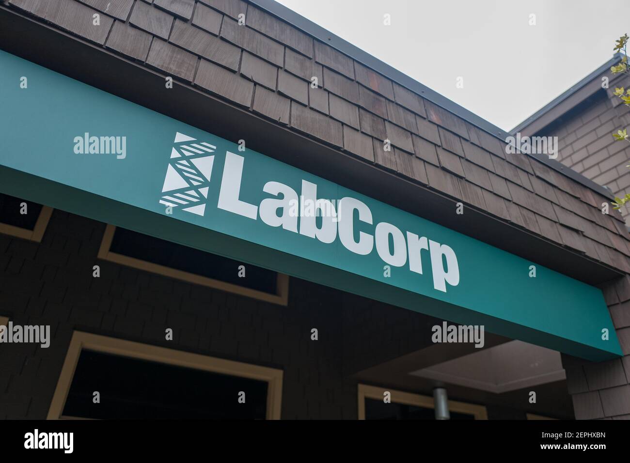 Lowangle view of sign for medical testing lab company LabCorp in