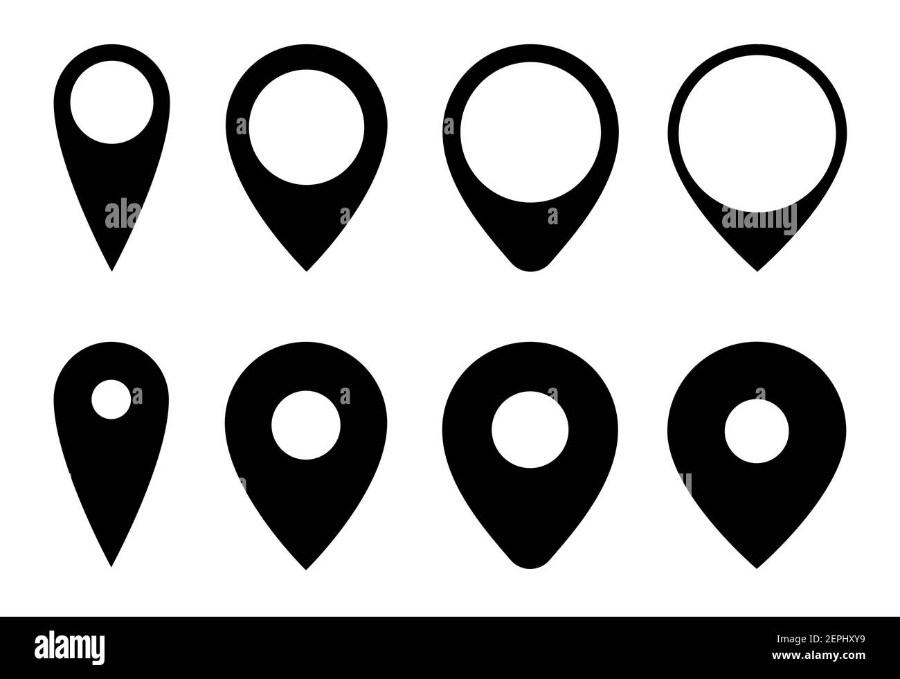 Location pin icon, map label mark, black simple location marker set