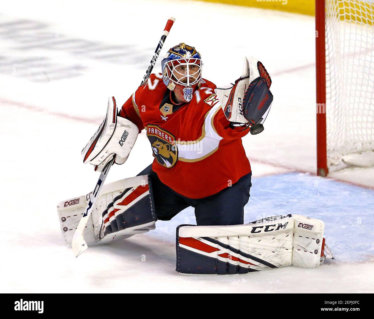 Florida Panthers goalie Sergei Bobrovsky gloves a shot against the New York Islanders at the BB&T Center in Sunrise, Florida, on December 12, 2019. (David Santiago/Miami Herald/TNS) Stock Photo
