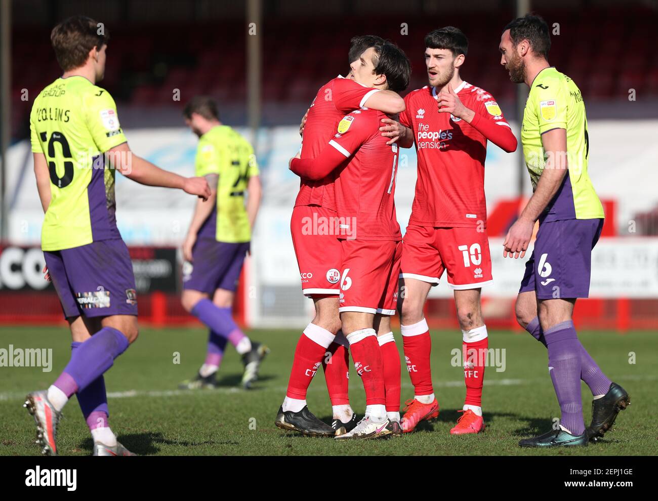 Crawley, UK. 27th Feb, 2021. Crawley Town's Tom Nichols celebrates scoring with Crawley Town's Ashley Nadesan during EFL Sky Bet League Two match between Crawley Town and Exeter City at the Peoples Pension Stadium in Crawley. Credit: James Boardman/Alamy Live News Stock Photo