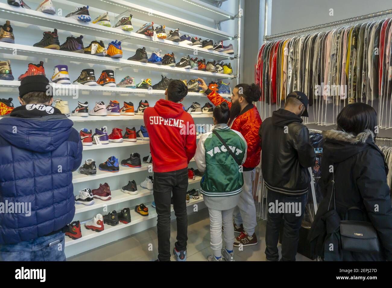 Wearing their finest street fashion, sneaker aficionados crowd the American  Eagle store's Urban Necessities pop-up in the Soho neighborhood of New York  on its grand opening day, Saturday, March 9, 2019. VF