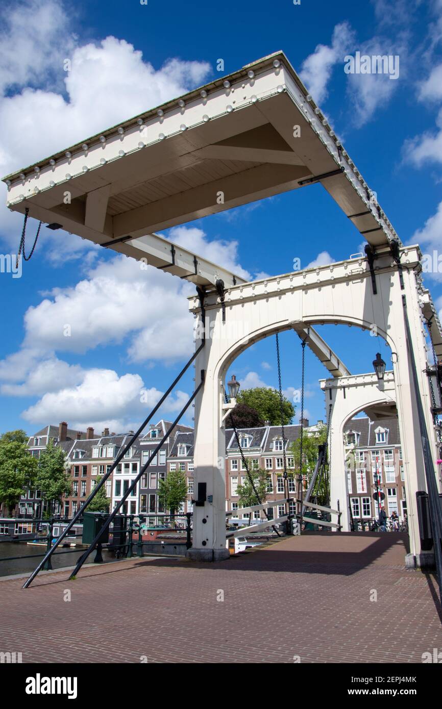 Magere Brug (Skinny Bridge) is a bridge over the river Amstel in Amsterdam, Netherlands Stock