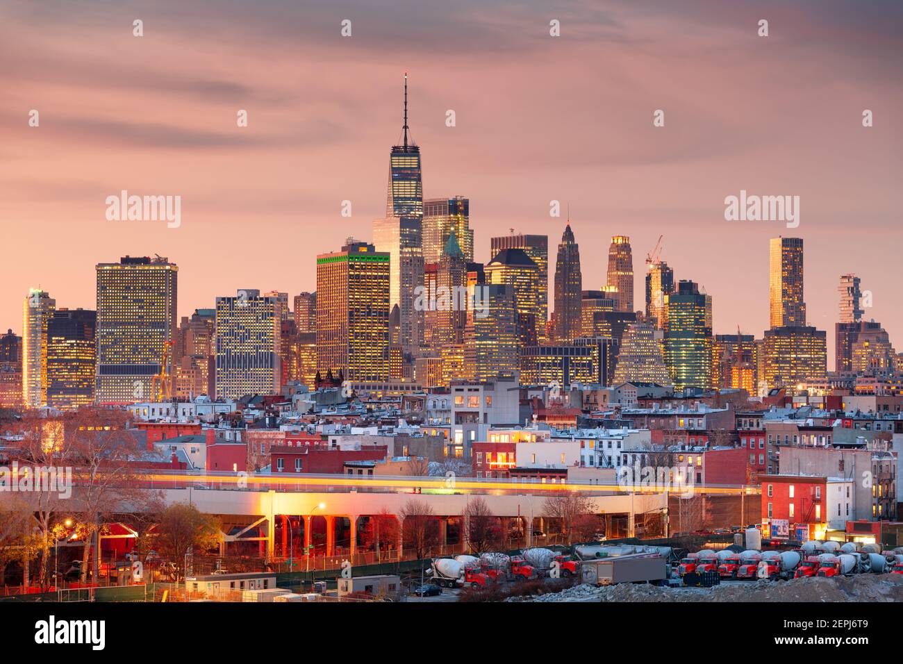 New York City, USA downtown Manhattan skyline at dusk from Brooklyn ...