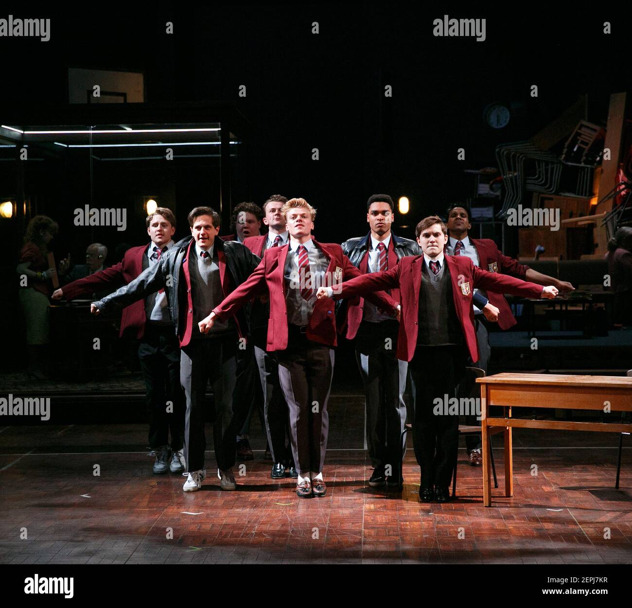 l-r: Ross Anderson (Rudge), Will Featherstone (Cripps), Edward Judge (Timms), Edwin Thomas (Irwin), Tom Rhys Harries (Dakin), Rege-Jean Page (Crowther), Oliver Coopersmith (Posner), Nav Sidhu (Akthar) in THE HISTORY BOYS by Alan Bennett at the Crucible Theatre, Sheffield, England   22/05/2013  design: Chloe Lamford  lighting: Neil Austin  director: Michael Longhurst Stock Photo