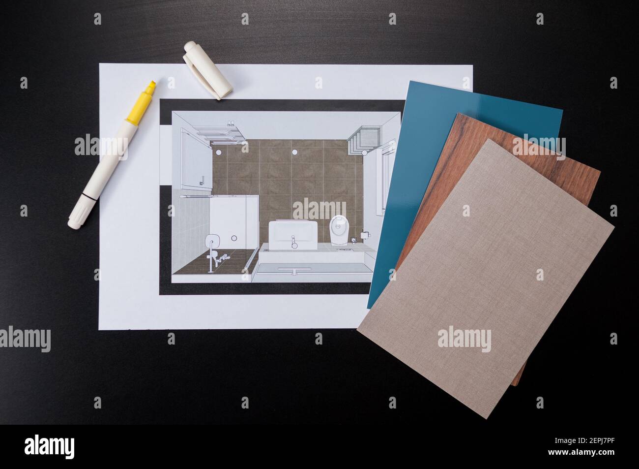 Look at a floor plan. Design of a bath. Next to it a pen and color samples for furniture Stock Photo