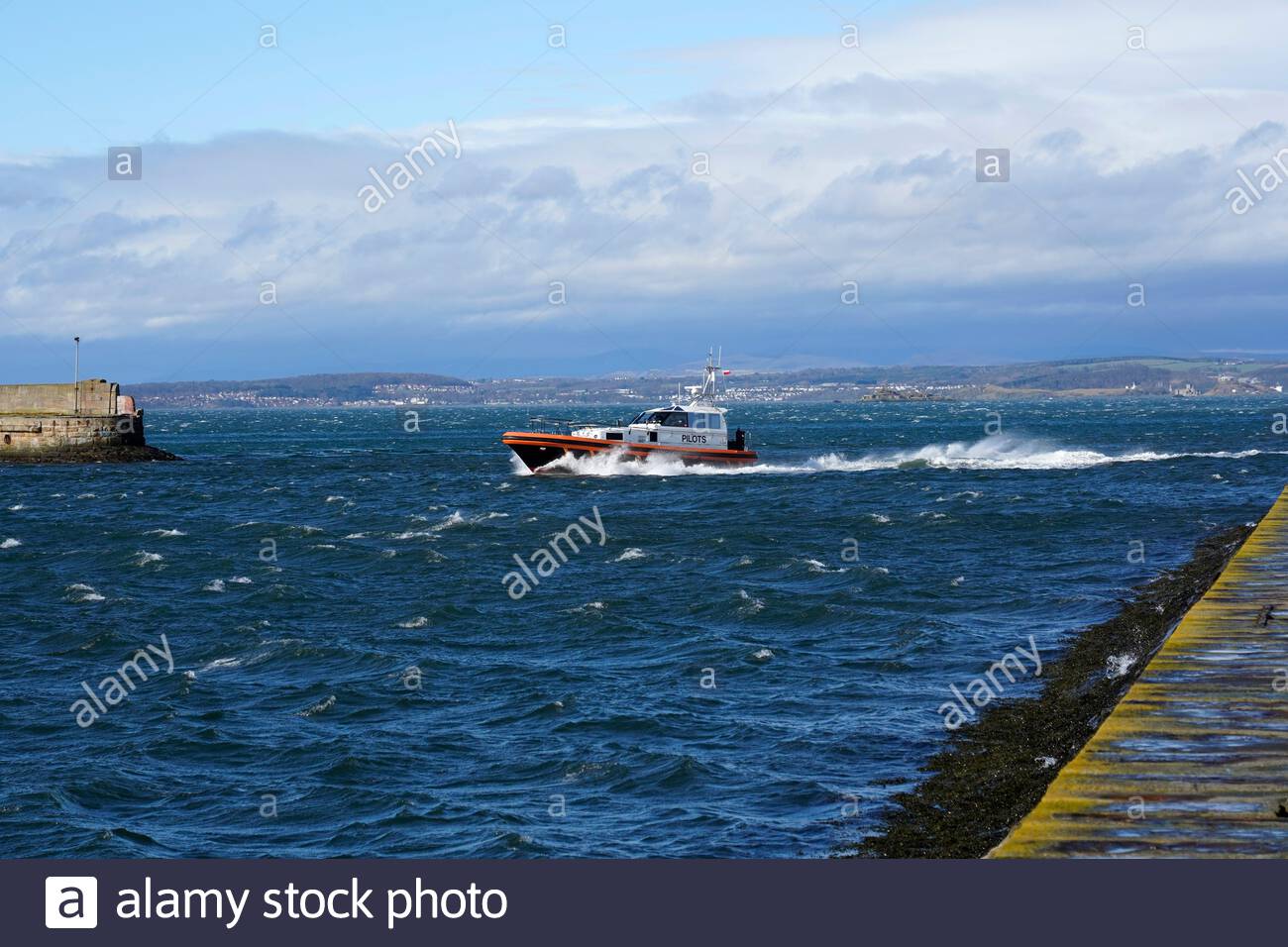 Forth Ports Pilot boat entering Granton harbour, Edinburgh, Scotland