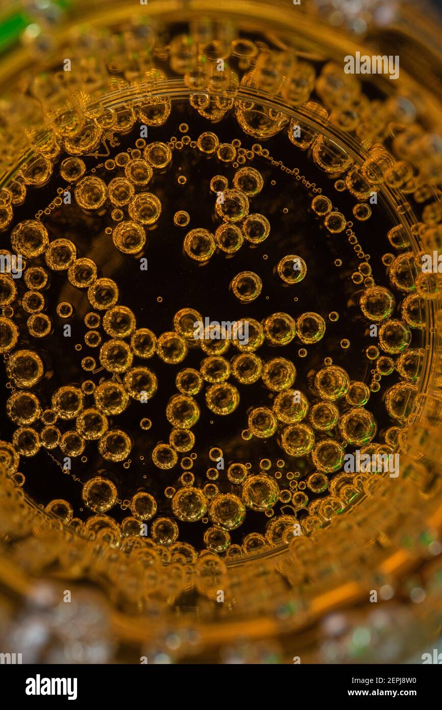 Yellow juice with bubbles on black background Stock Photo Alamy