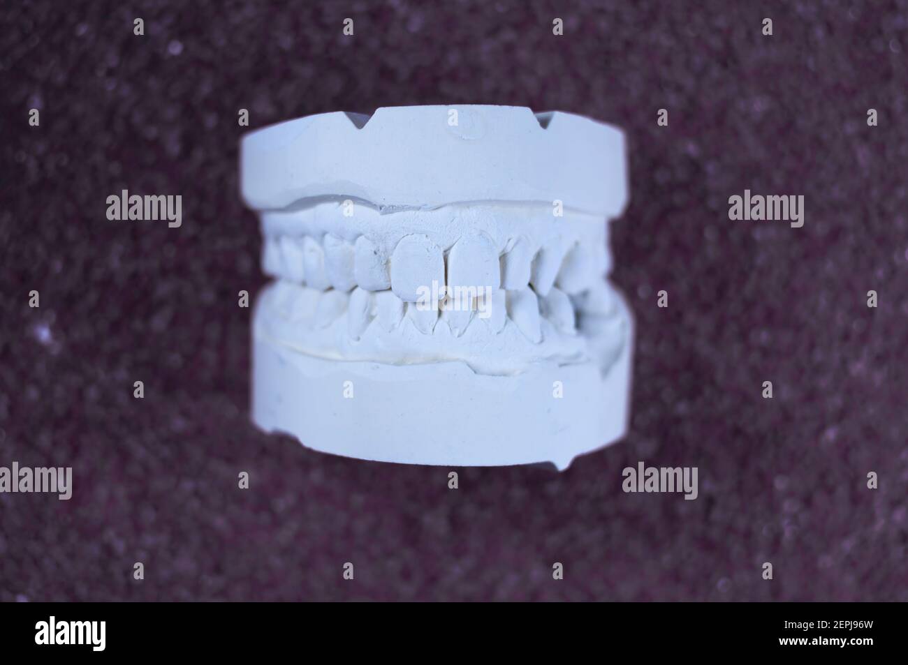 still life of a denture print. frontal view. background purple stones Stock Photo