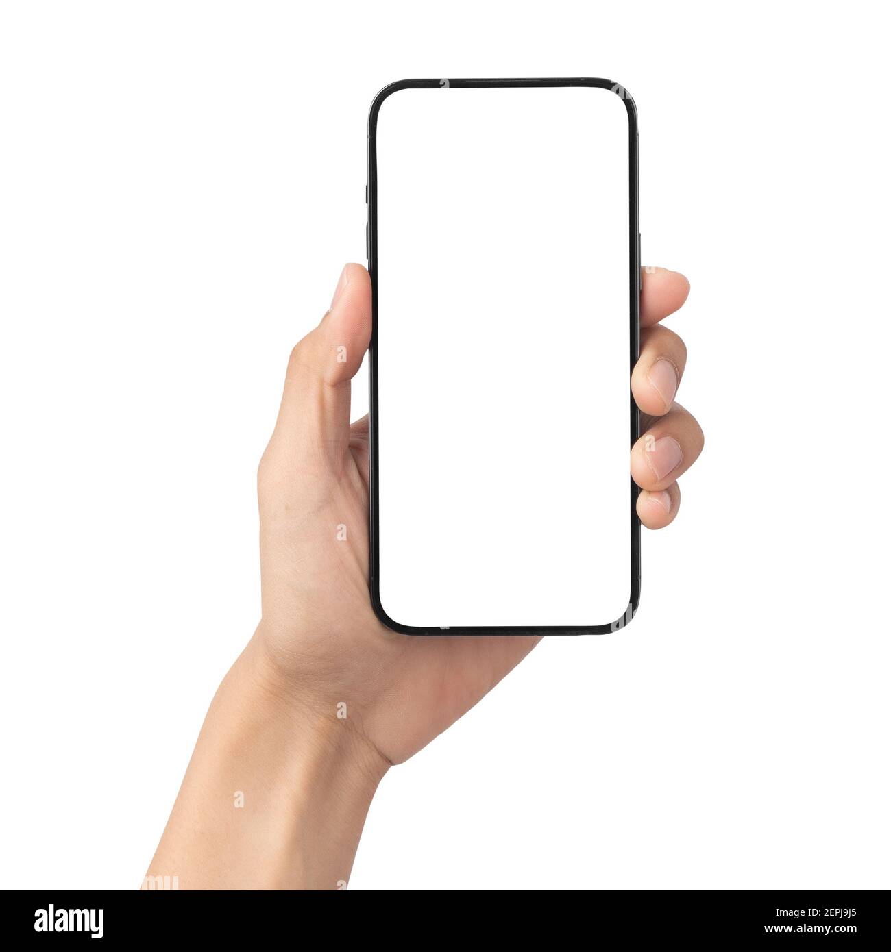 Man hand holding the black smartphone with blank screen isolated on ...