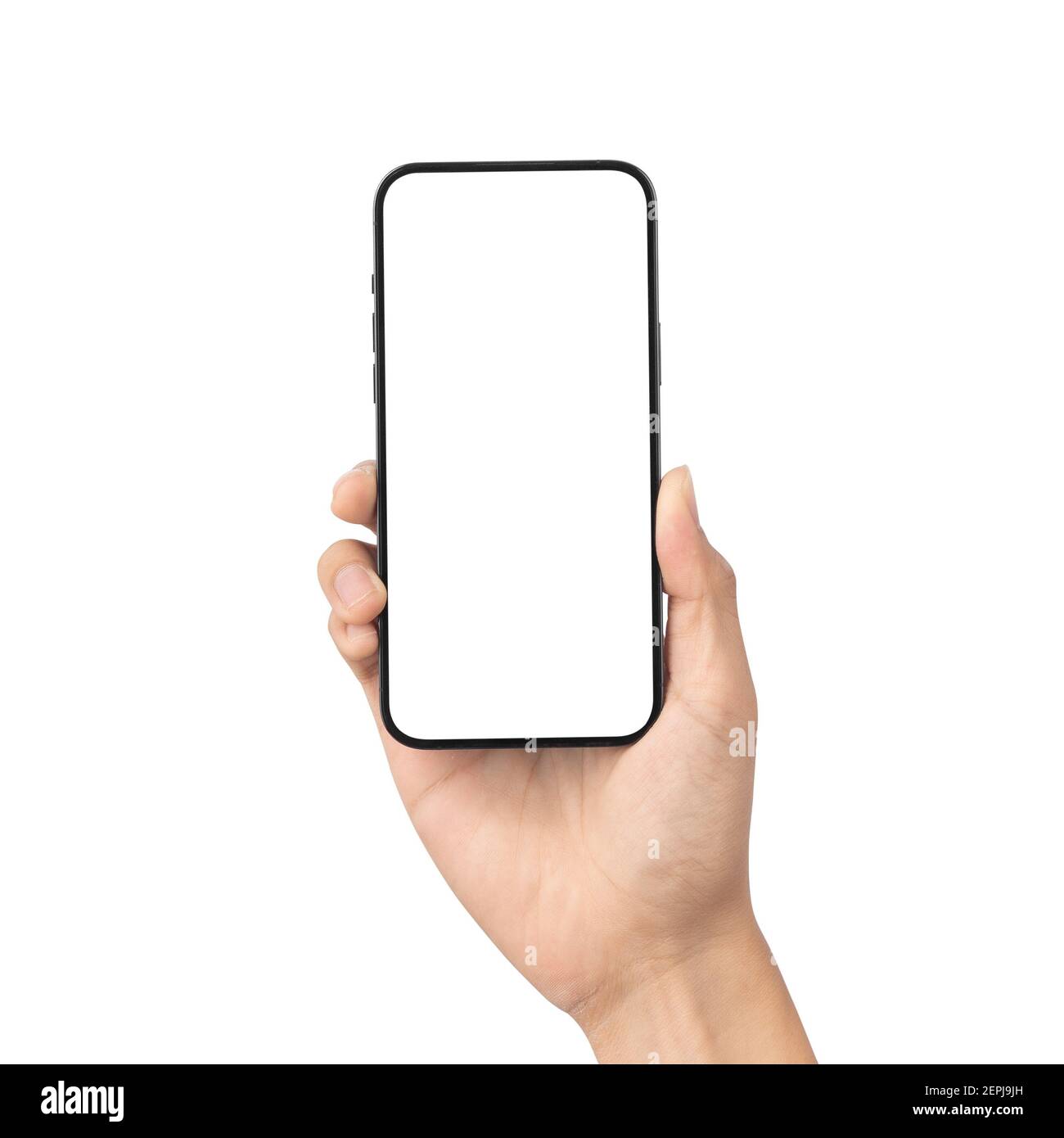 Man hand holding the black smartphone with blank screen isolated on ...