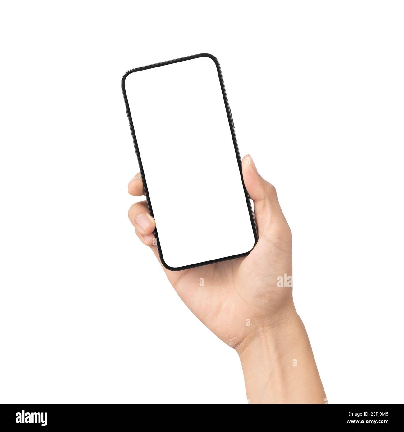 Man hand holding the black smartphone with blank screen isolated on ...