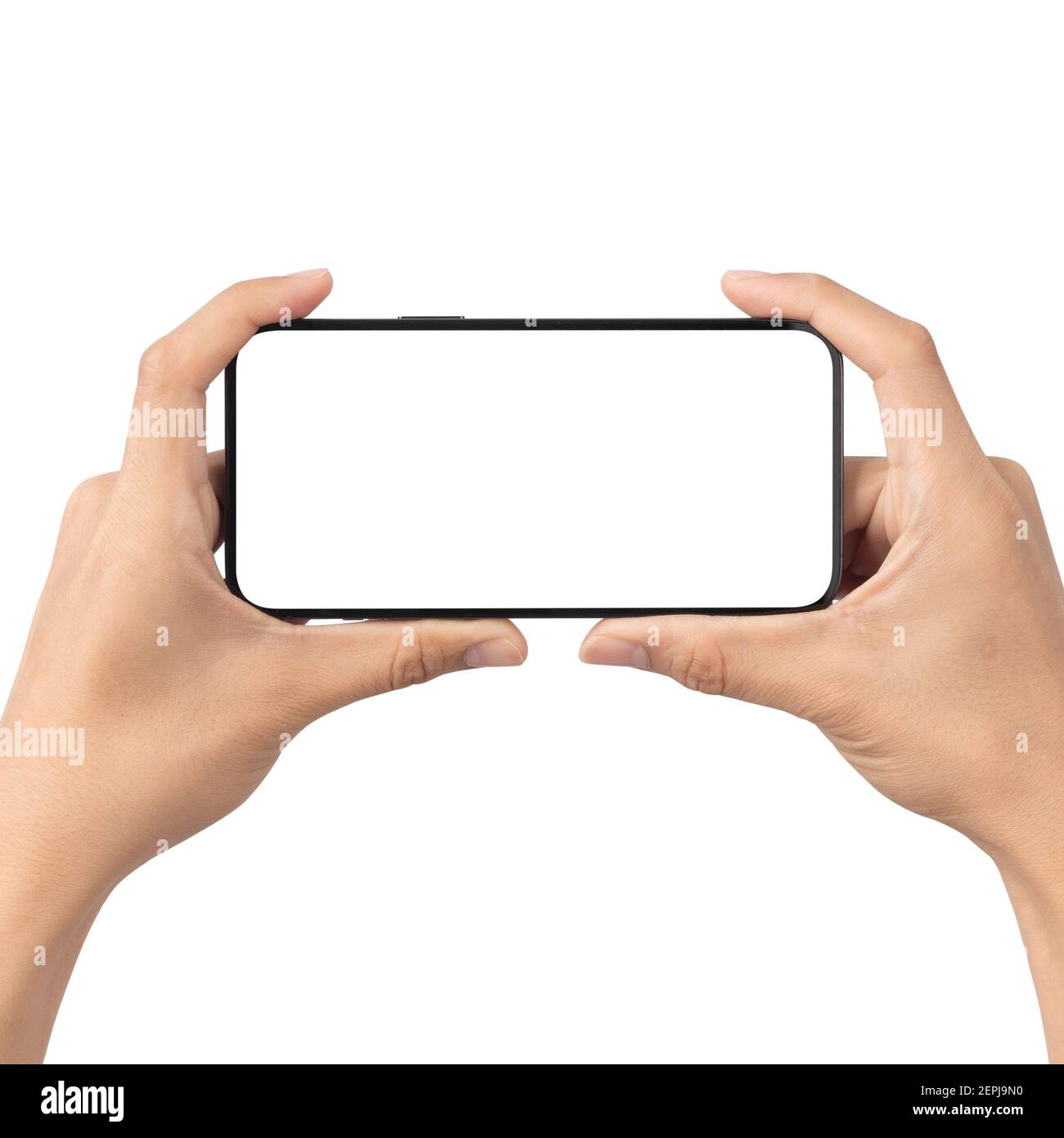 Man hand holding the black smartphone with blank screen isolated on ...