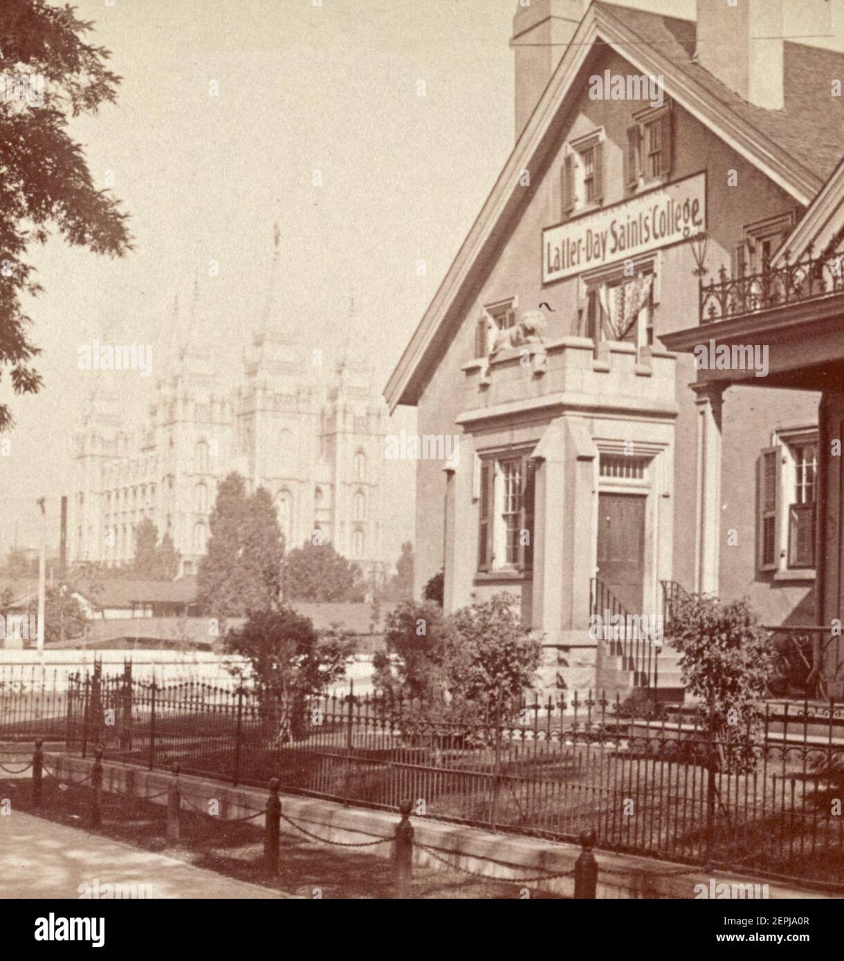 The Lion House and the Great Temple at distance, northwest, Salt Lake