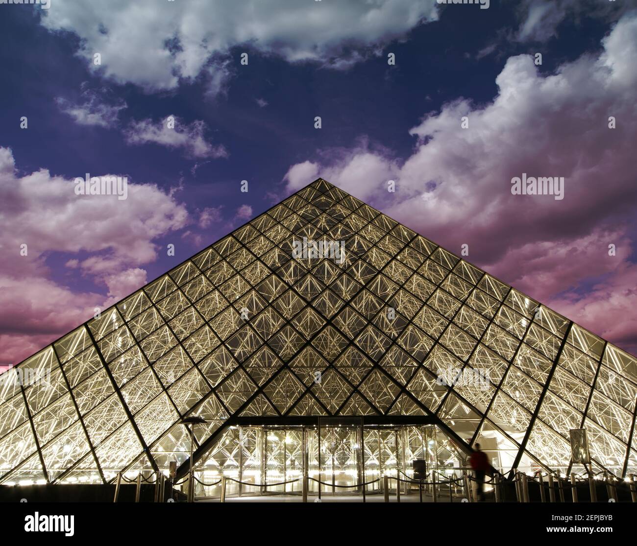 Louvre, Pyramid, which was completed in 1989 (by night), France Stock ...