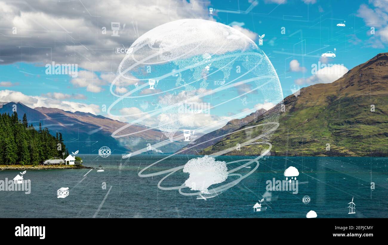Future environmental conservation and sustainable ESG modernization development by using technology of renewable resources to reduce pollution and Stock Photo