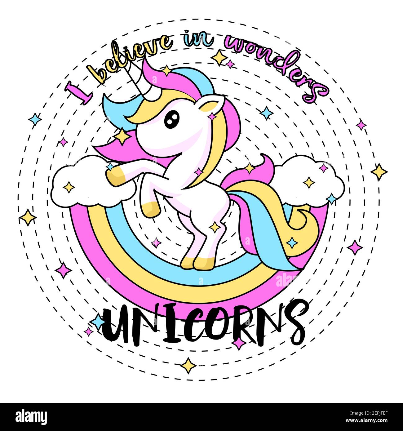I believe in wonders with cute unicorn clipart. Joyful fairytale character with pink mane and yellow tail rides fantasy rainbow. Stock Vector