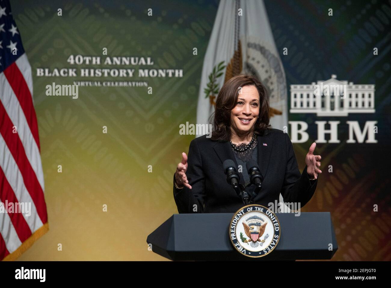 Washington, United States Of America. 27th Feb, 2021. United States Vice President Kamala Harris delivers remarks at the 40th Annual Black History Month Virtual Celebration hosted by US House Majority Leader Steny Hoyer (Democrat of Maryland) in the South Court Auditorium of the White House in Washington, DC on Saturday, February 27, 2021. Credit: Rod Lamkey/Pool/Sipa USA Credit: Sipa USA/Alamy Live News Stock Photo